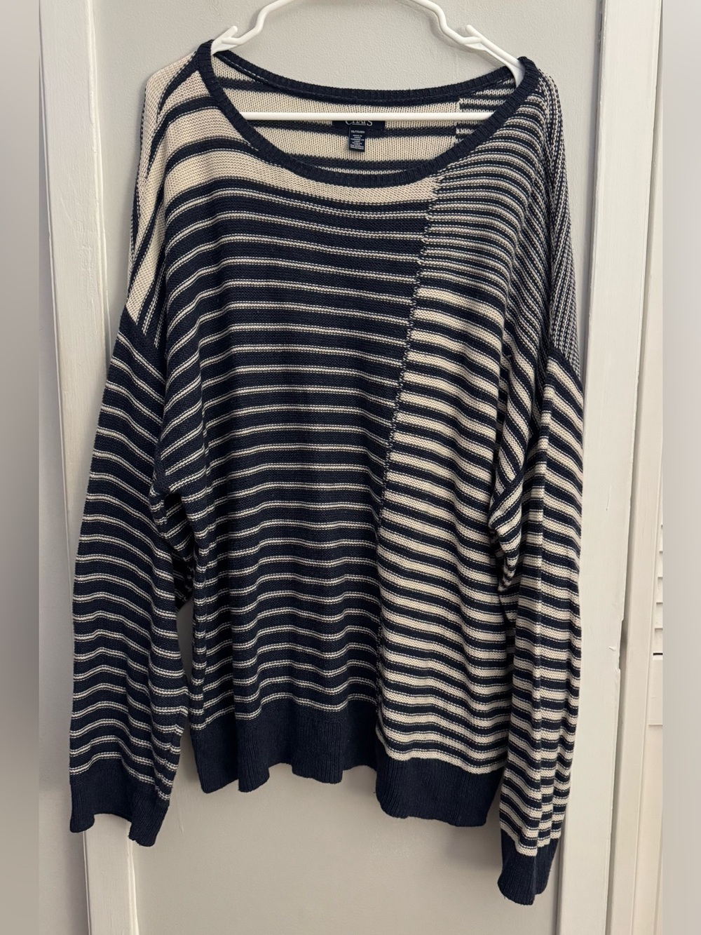 CHAPS 2X Striped Sweater Navy Cream Plus Size Cotton Blend Oversized Pullover